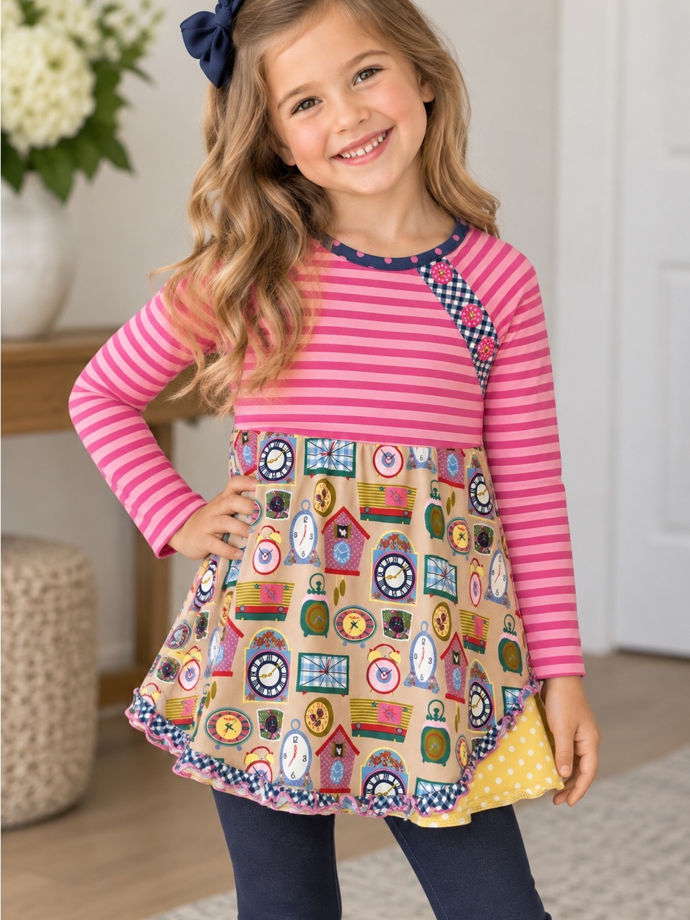Matilda Jane Girls Clock Print Long Sleeve Dress Pink Striped Size 6